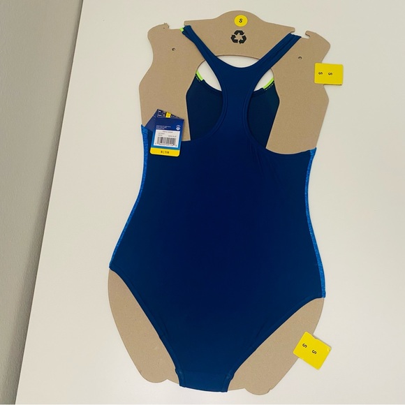Speedo Swimsuit Girls’ Racerback One Piece UPF 50+ Dark Blue Neon Green, NWT. - Picture 2 of 4